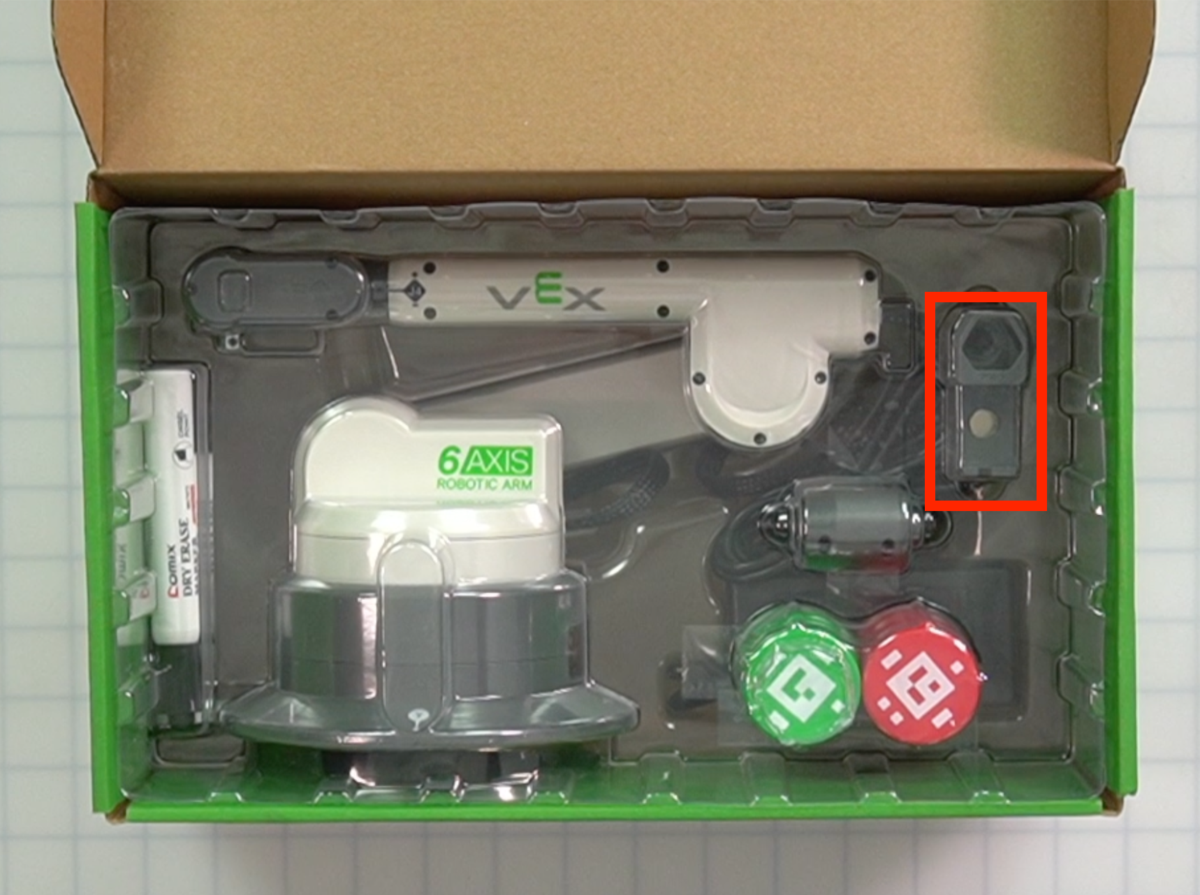 CTE Workcell Kit end effector locations in the box, in the plastic tray.