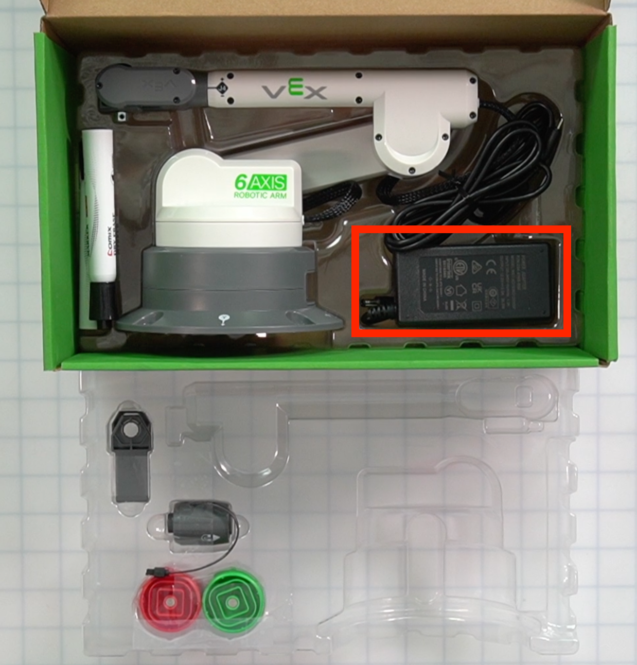 CTE Workcell Kit parts locations to the lower right of the arm.