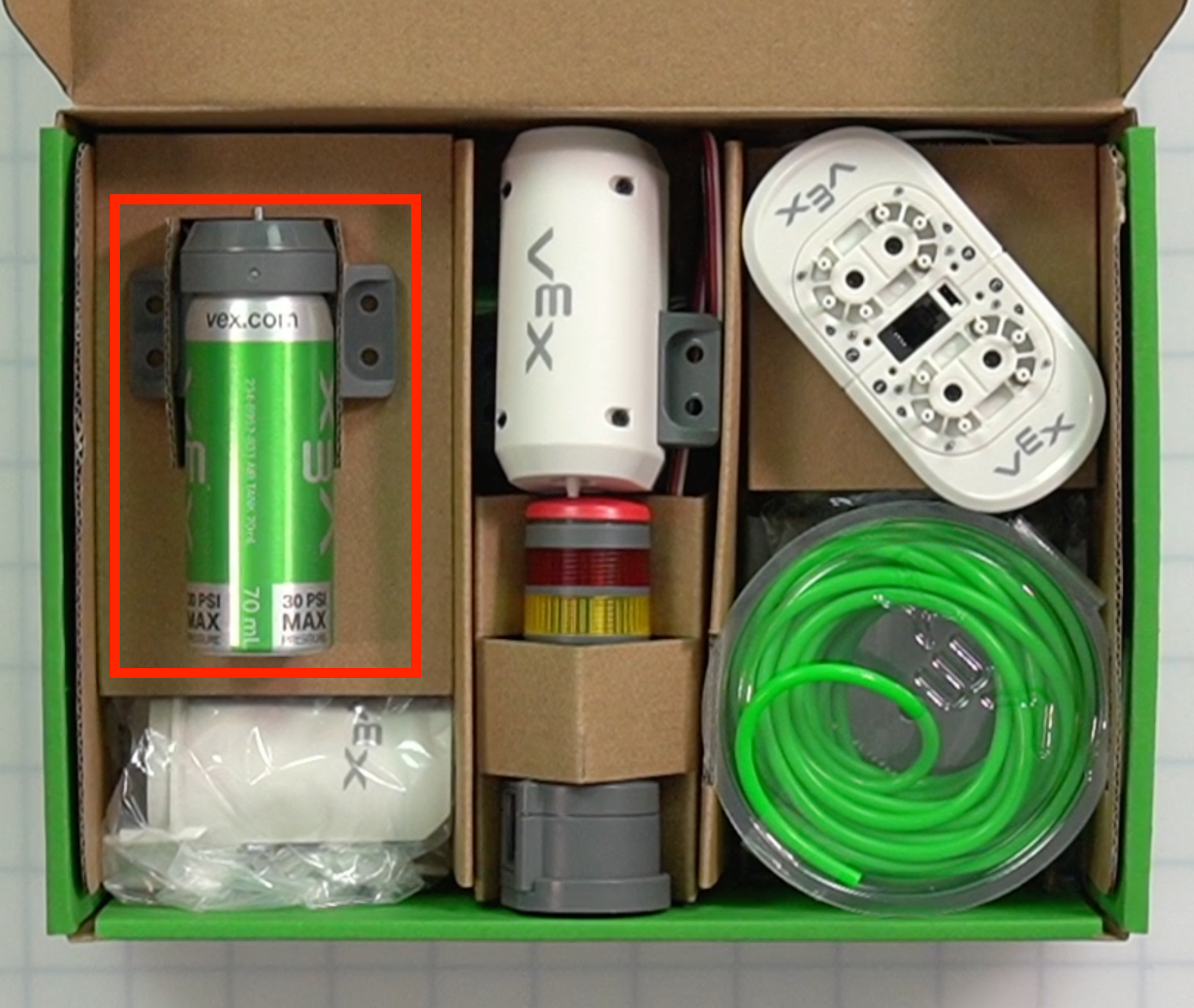 CTE Workcell Kit parts locations on the upper left of the box.