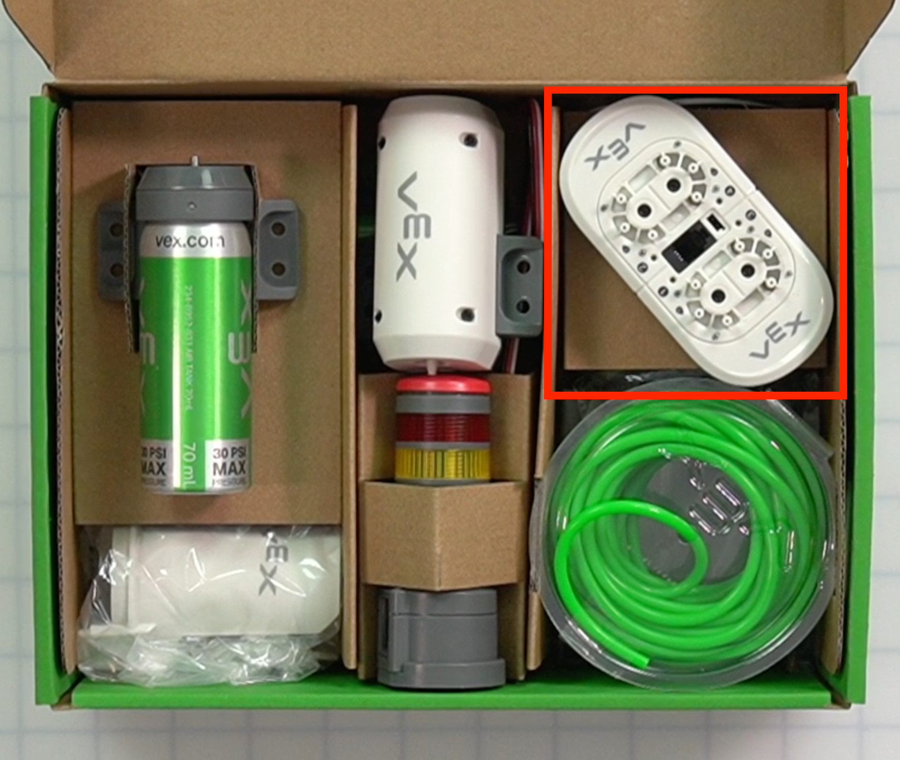 CTE Workcell Kit parts locations on the upper right corner of the box.