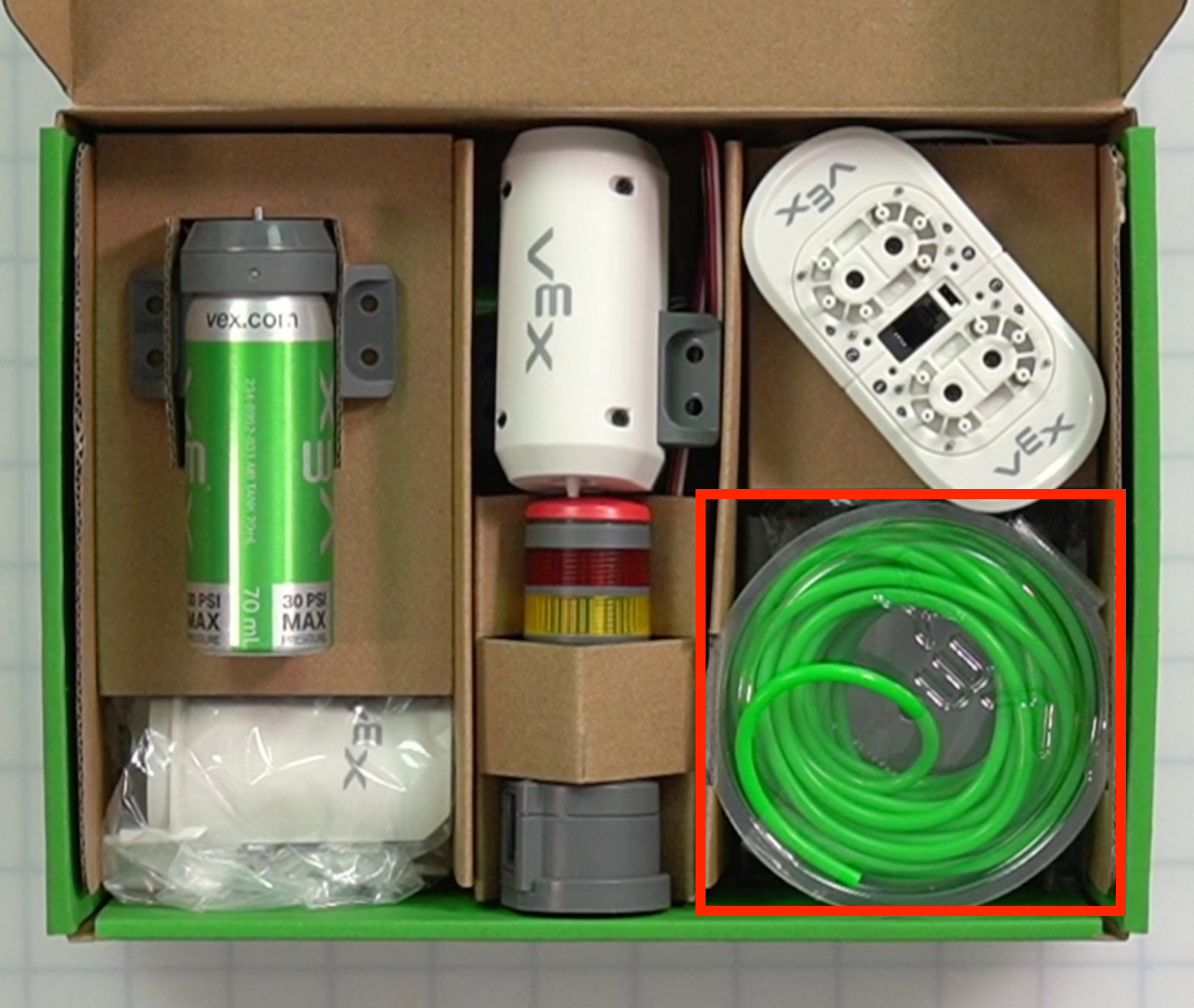 CTE Workcell Kit parts locations on the lower right corner of the box.