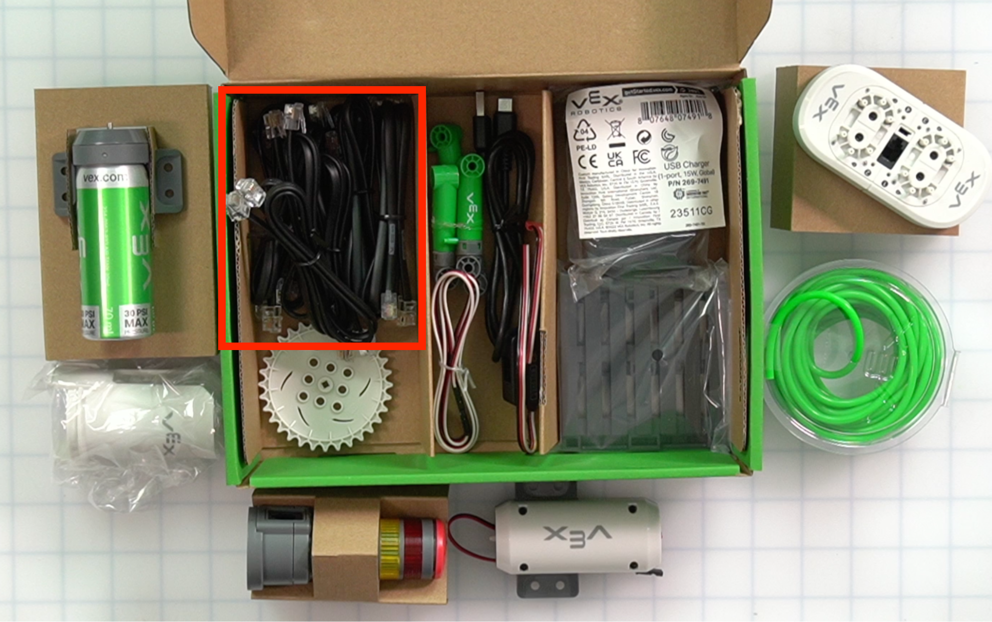 CTE Workcell Kit parts locations on the top left corner of the box on the lower level.