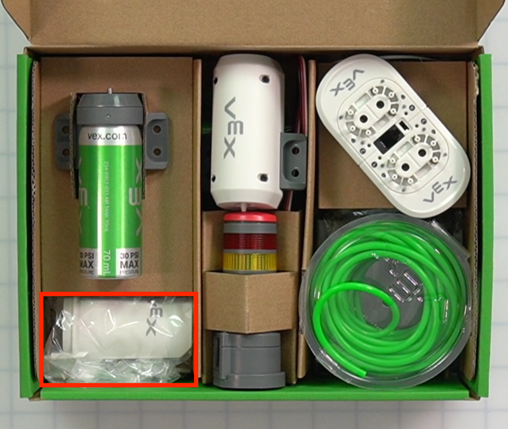 CTE Workcell Kit parts locations on the lower left corner of the box.