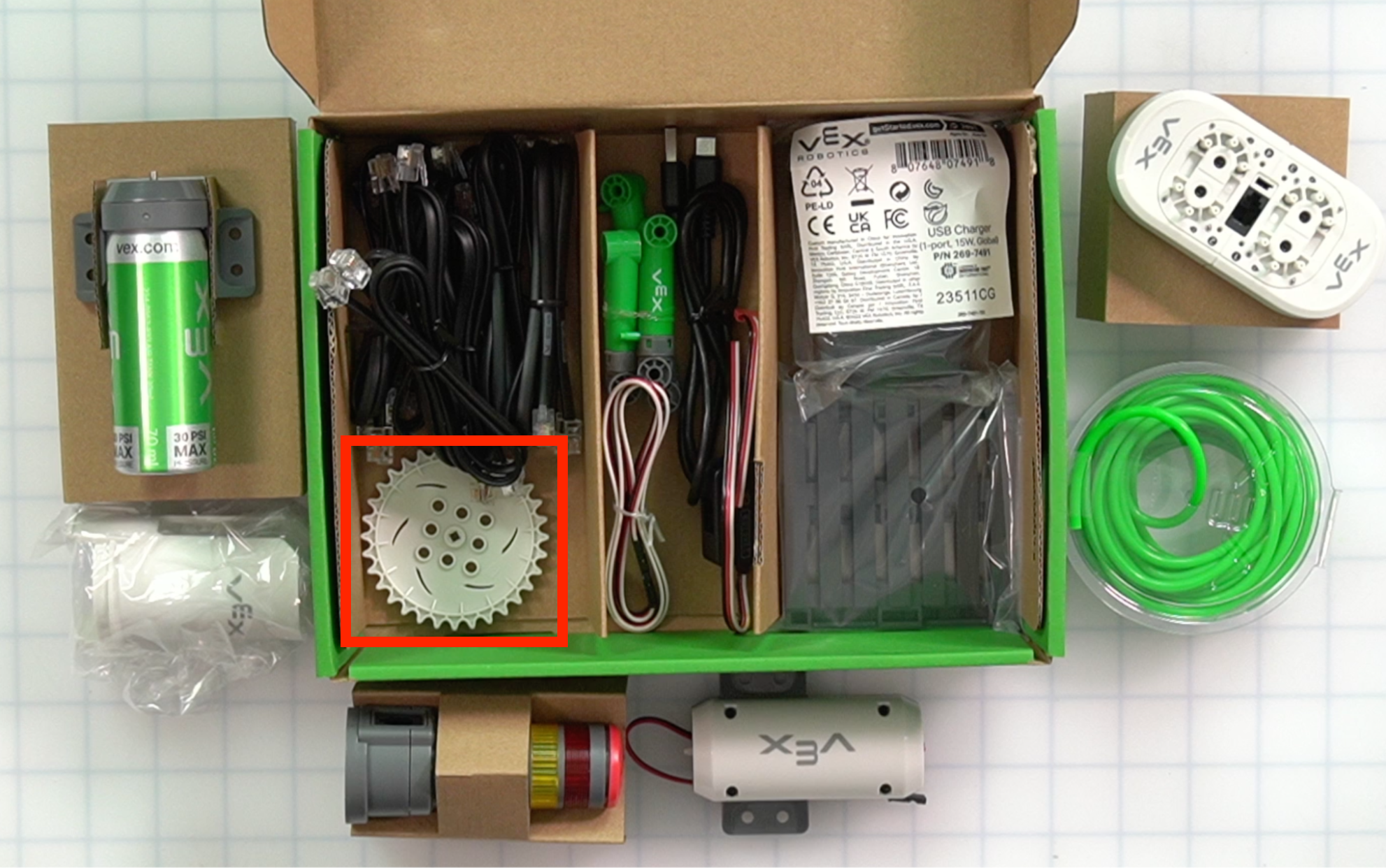 CTE Workcell Kit parts locations on the lower left corner of the box on the lower level.