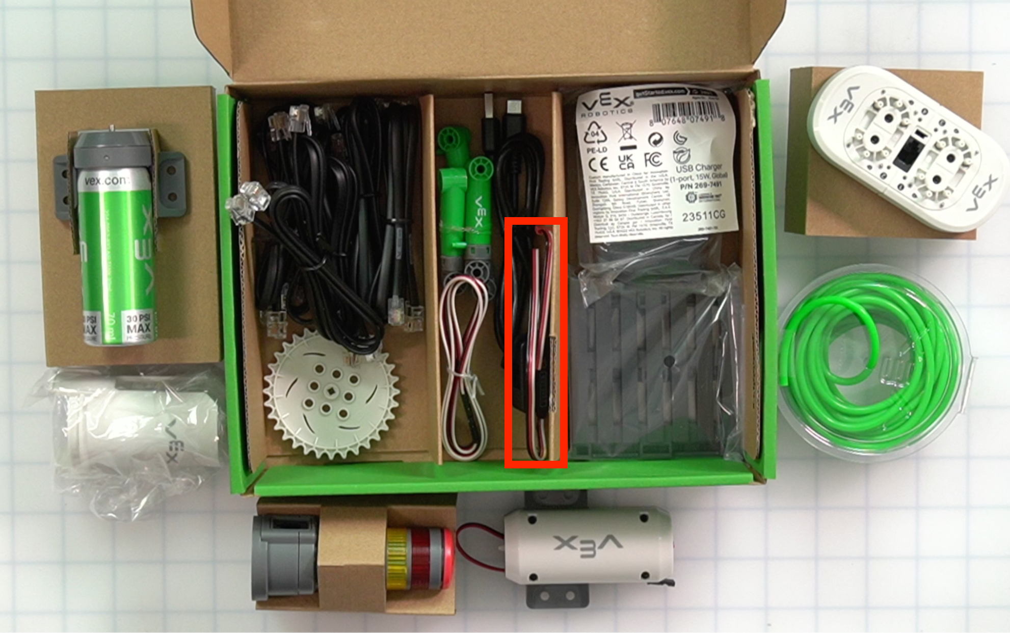 CTE Workcell Kit parts locations on the center of the box on the lower level.