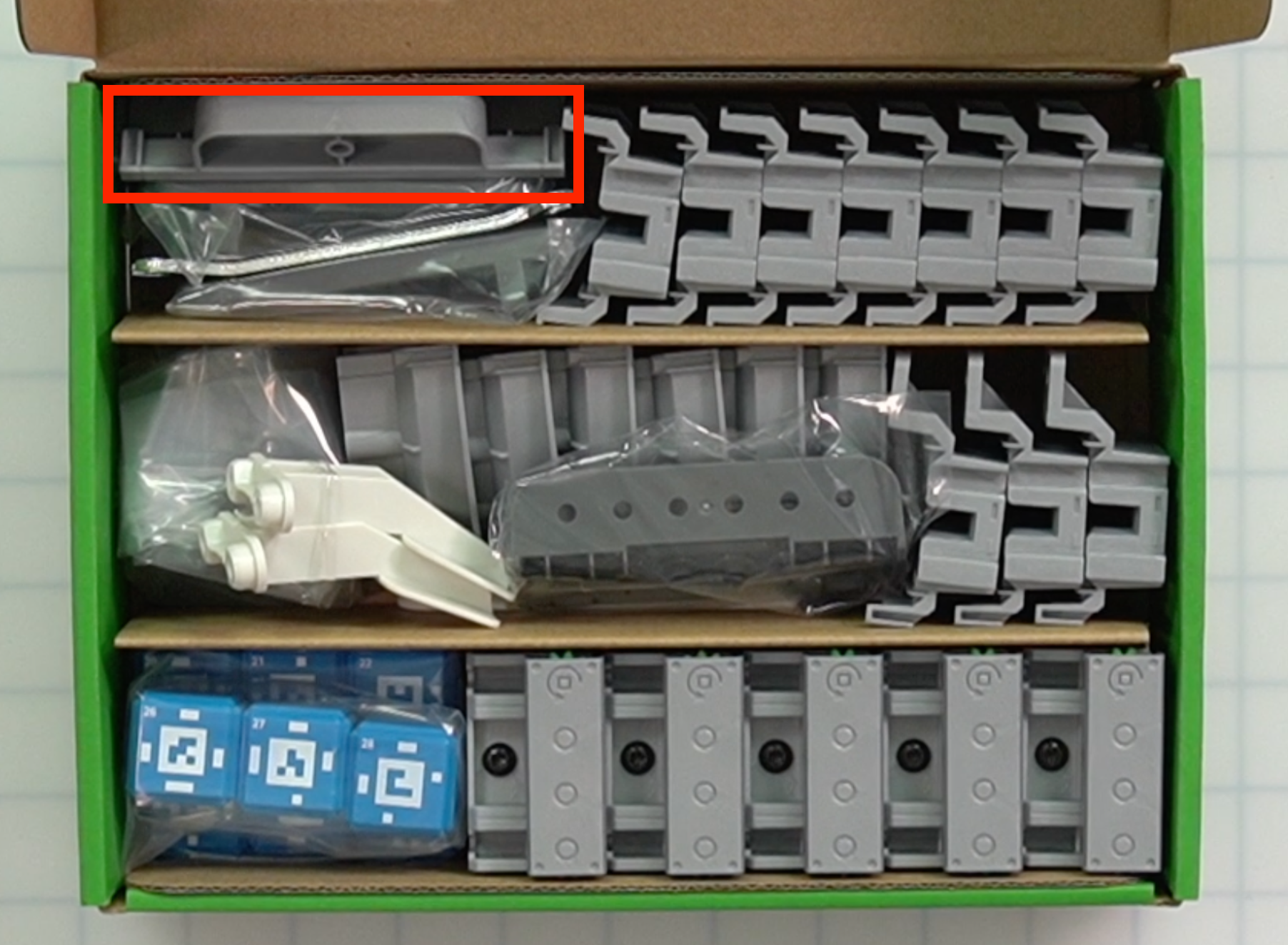 CTE Workcell Kit parts locations on the top right of the box.