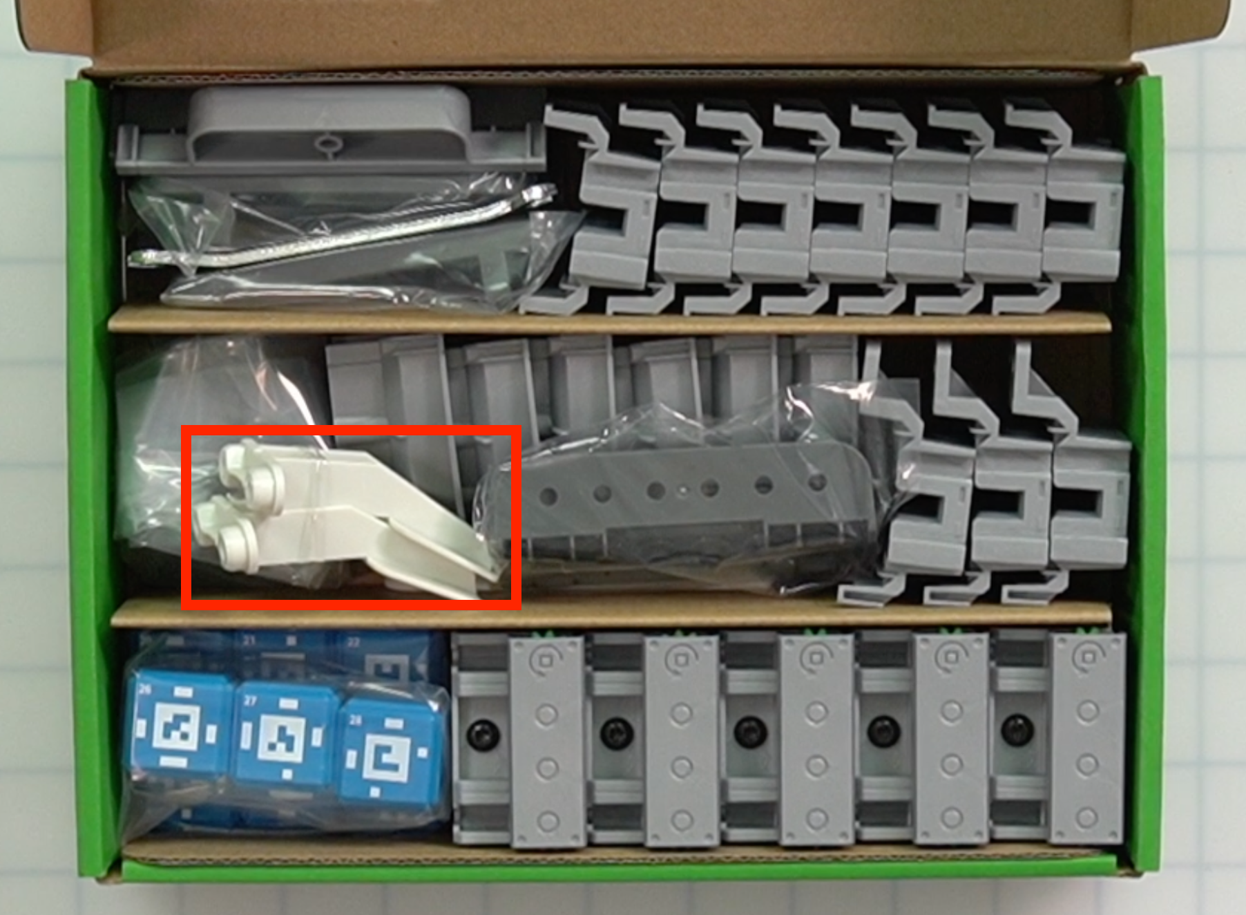 CTE Workcell Kit parts locations on the center left of the box.