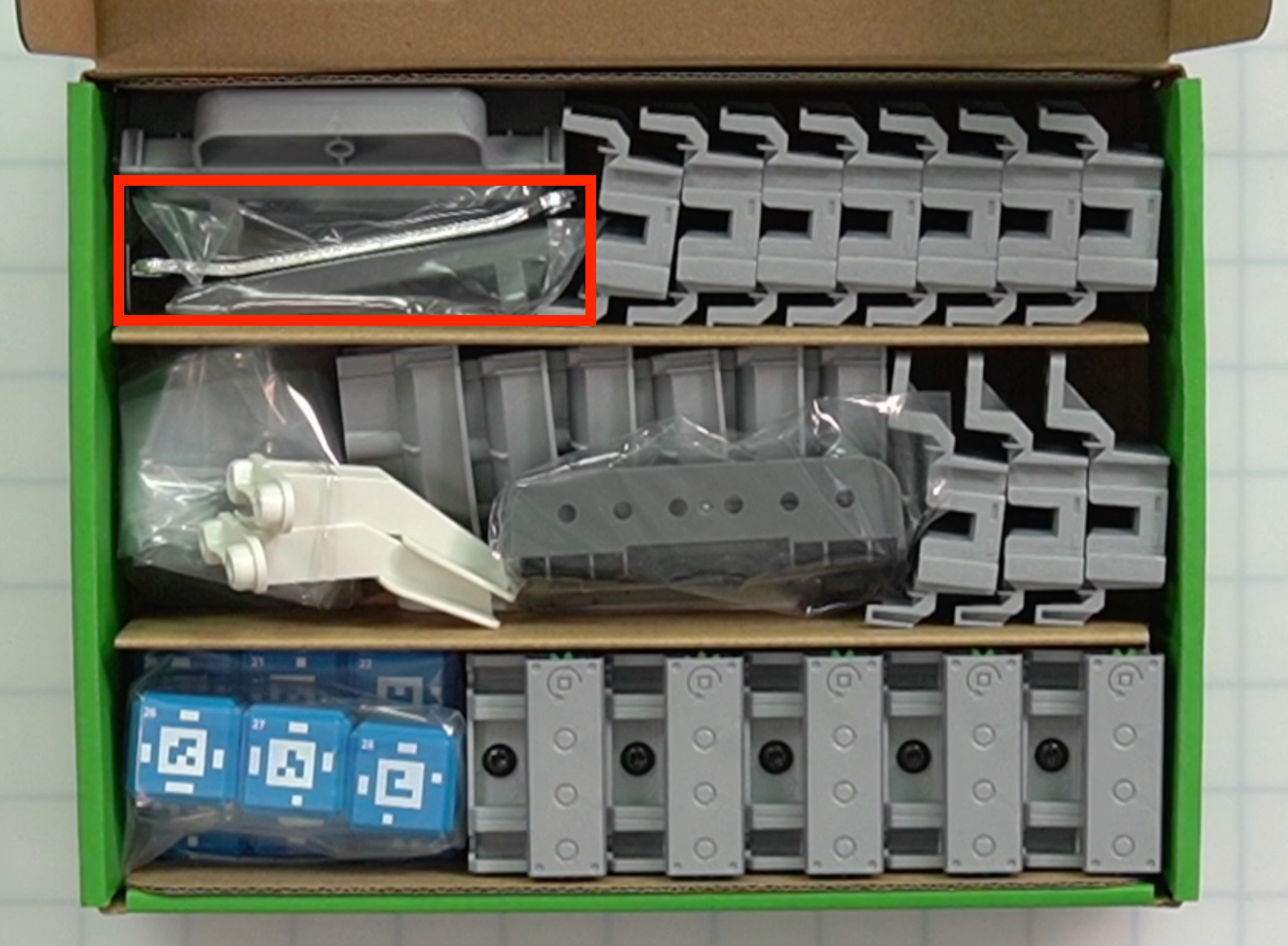 CTE Workcell Kit parts locations on the upper left of the box.