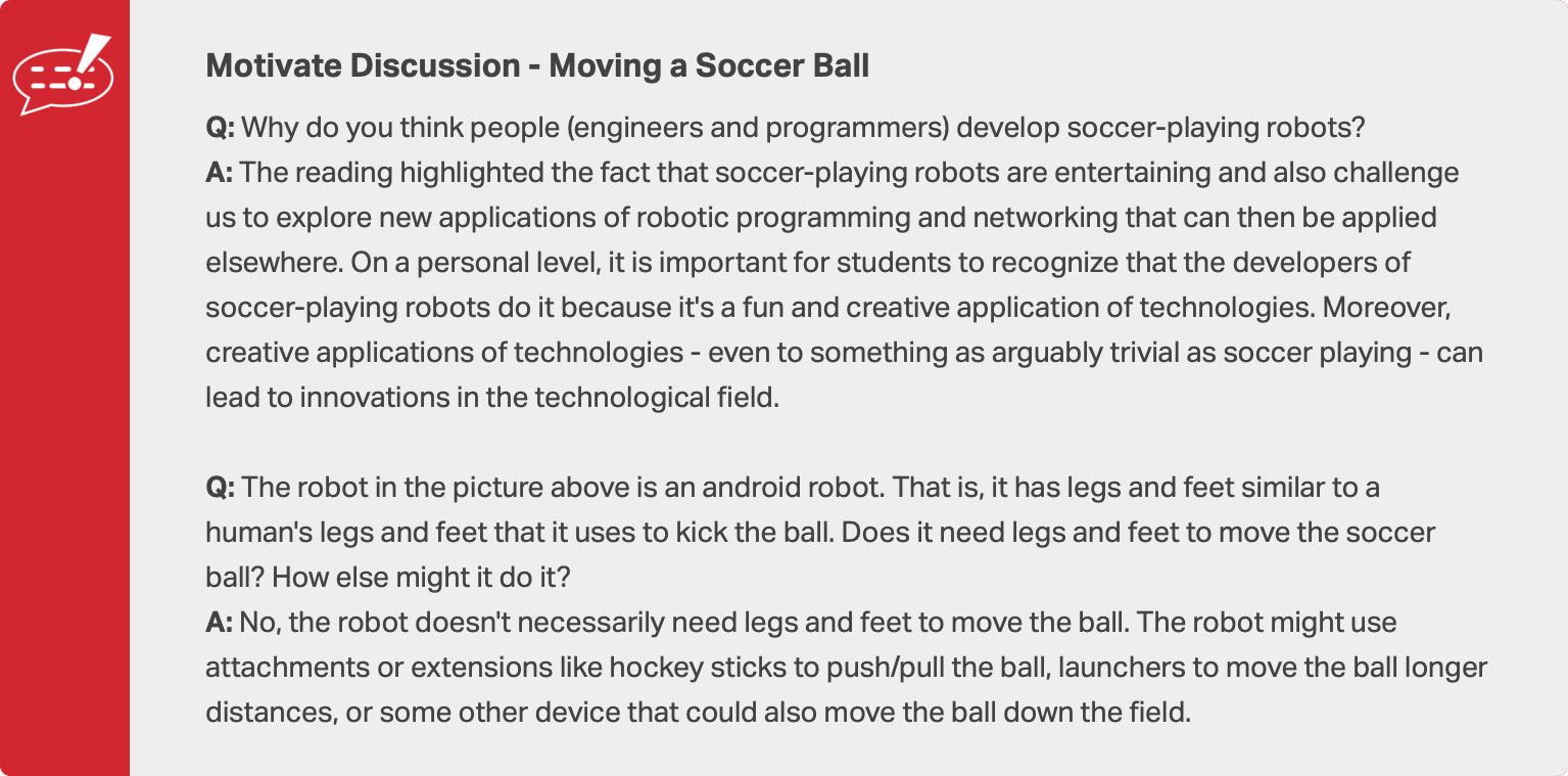 Motivate Discussion box with discussion questions and possible answers