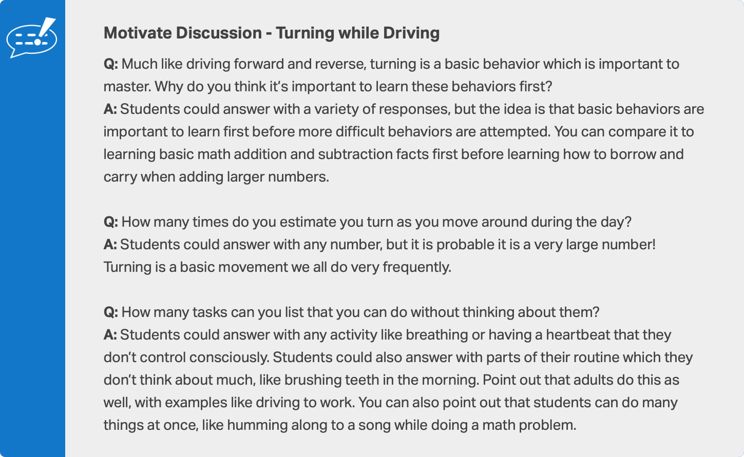 Motivate Discussion box with discussion questions about basic drivetrain movements
