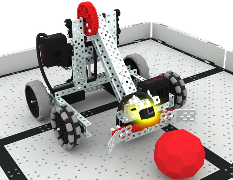 EXP Clawbot build driving on a field. The robot has an attached Optical Sensor that is highlighted and pointing towards a Red Buckyball in front of it.