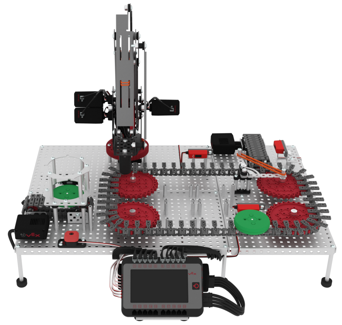 Angled view of the entire VEX V5 Workcell setup to demonstrate the use of rubber bands in the robotic arm.