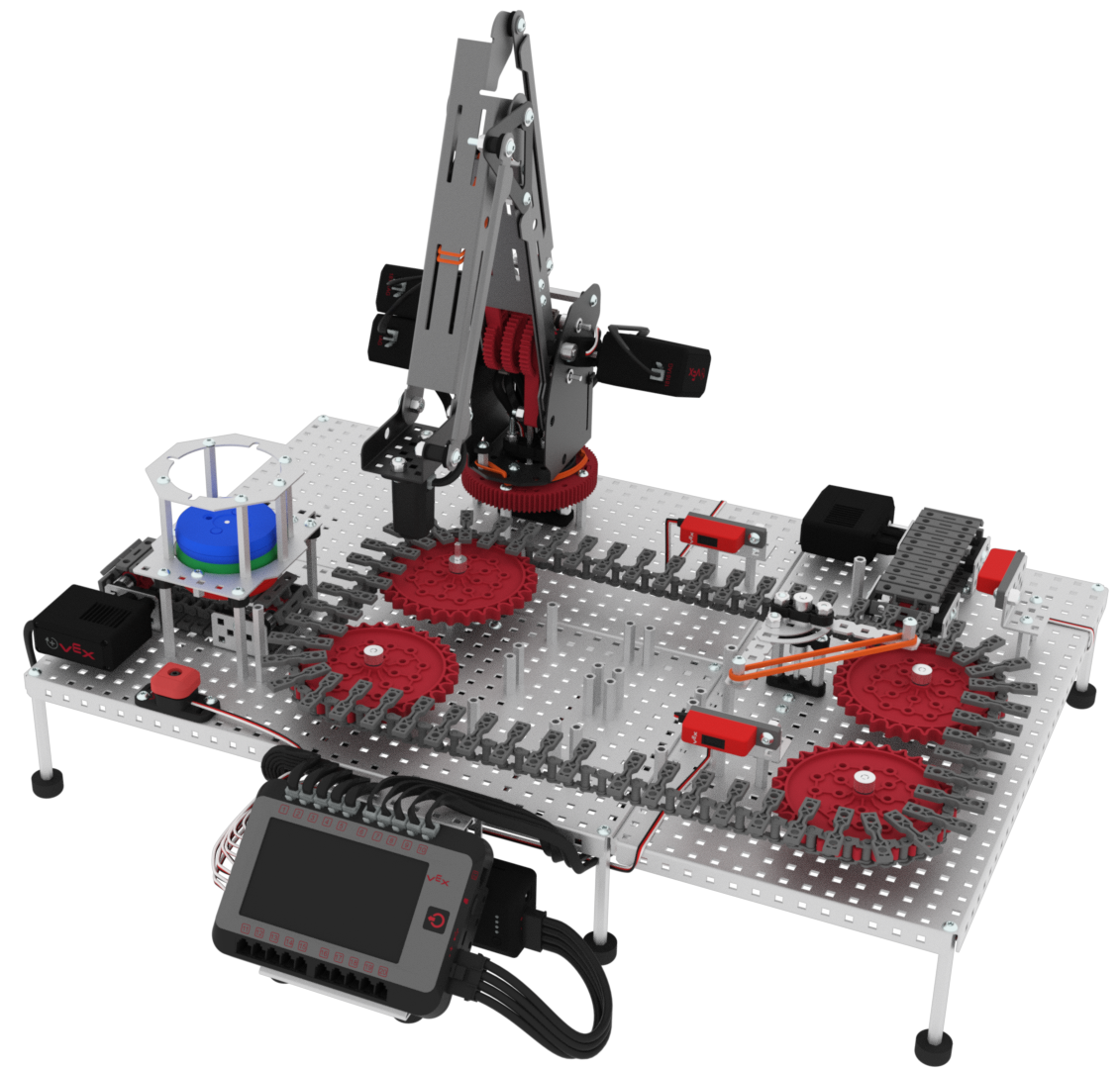 VEX V5 Workcell showing robotic arm integrated with conveyor system and multiple components for simulated manufacturing tasks.