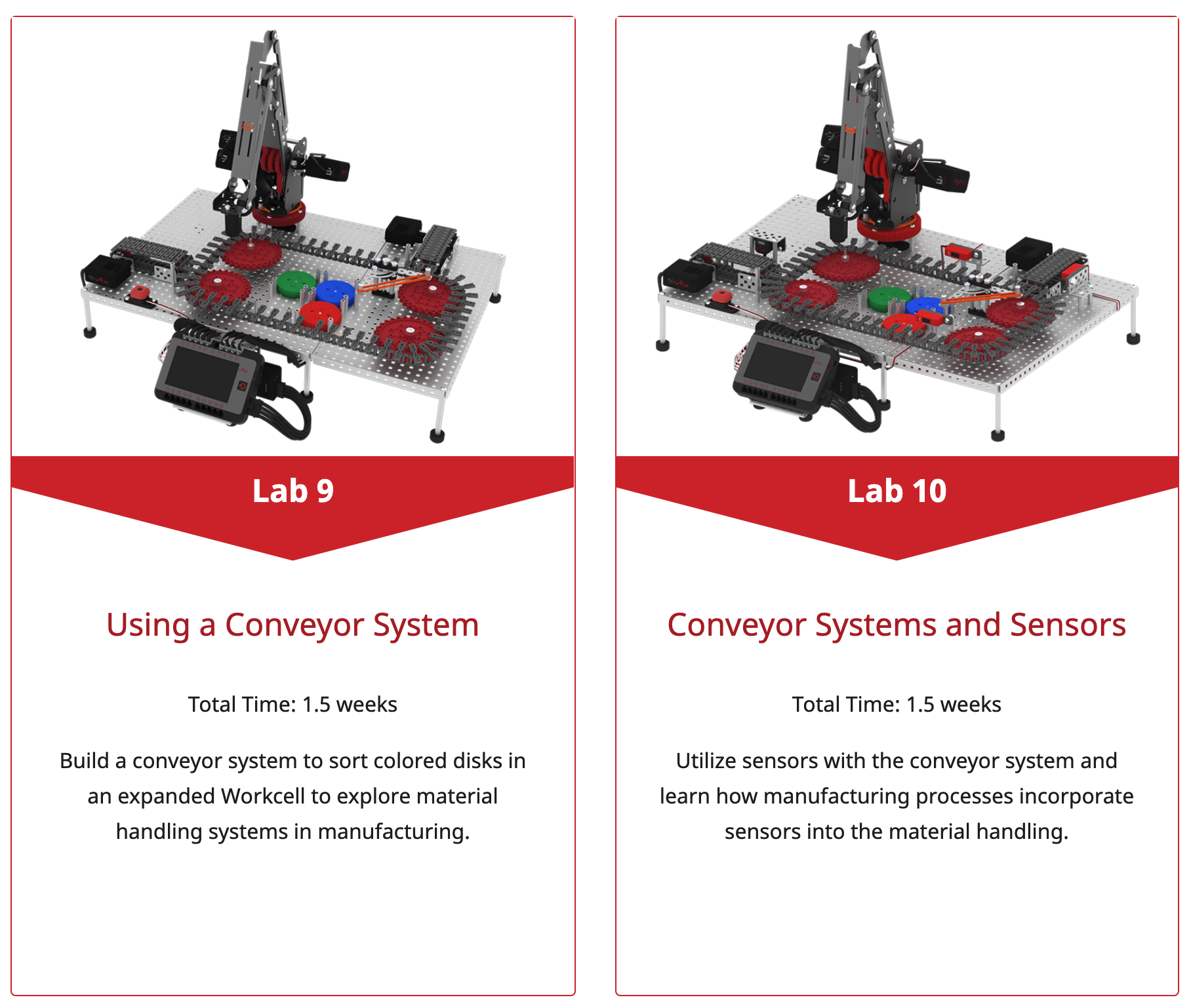 Tile images for STEM Labs 9 and 10, their titles read Using a Conveyor System and Conveyor Systems and Sensors.