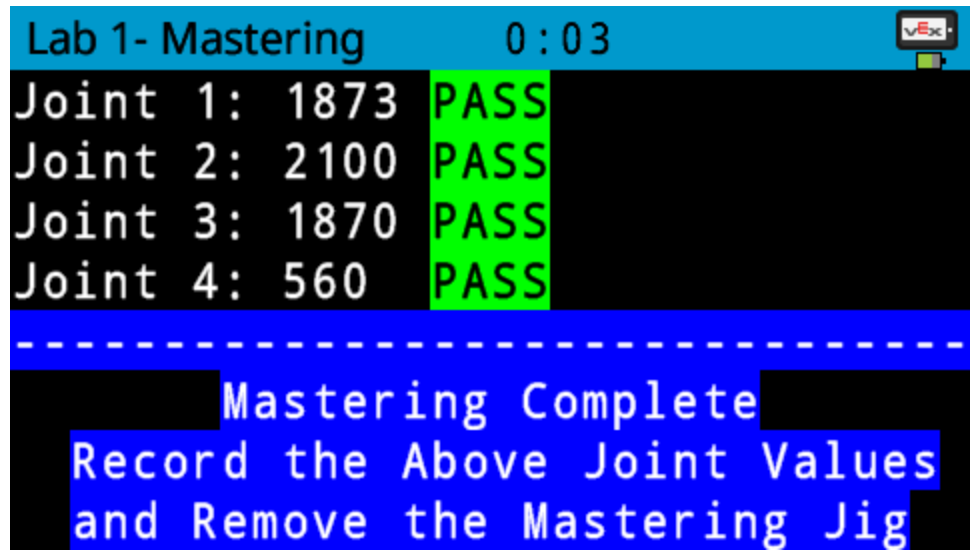 VEX V5 Brain screen showing all joints passing and mastering complete.