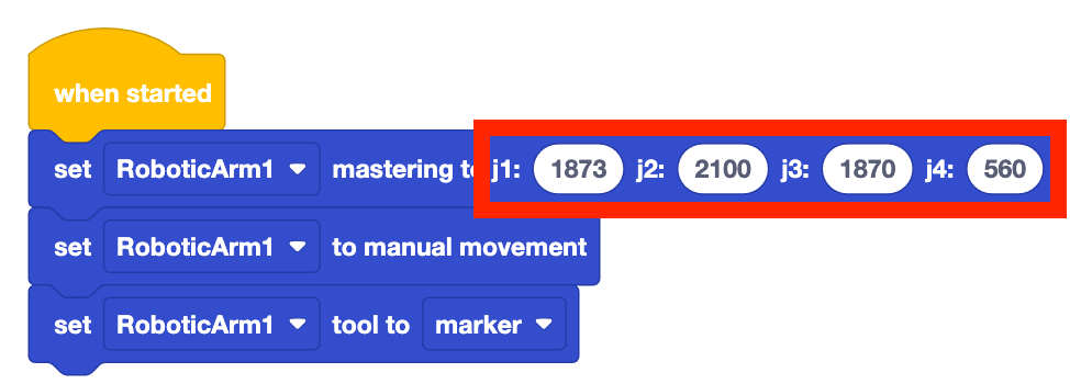 VEXcode V5 blocks showing mastering values entered into the mastering block highlighted as incorrect.