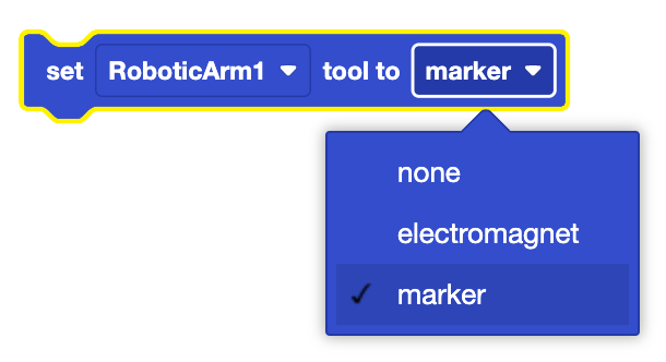 VEXcode V5 Set end effector block with its end effector dropdown menu opened. The options read none, electromagnet, and marker.