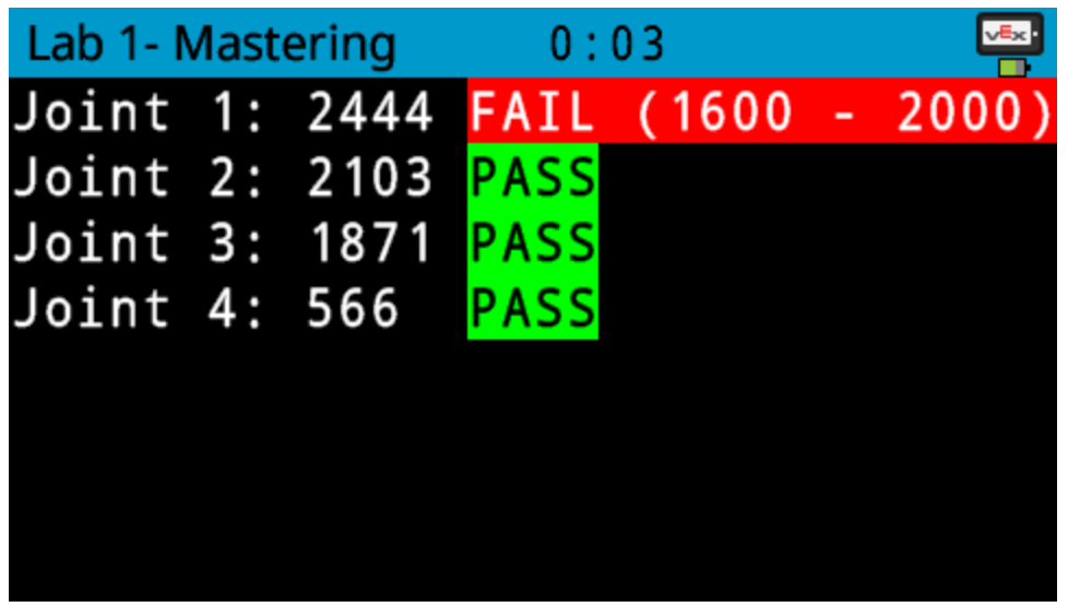 VEX V5 Brain screen showing joint mastering results with one joint failing and others passing.