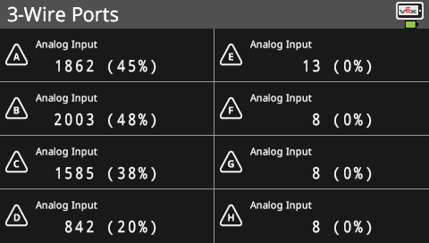 VEX V5 Brain screen displaying analog input values for 3-Wire ports A through D.