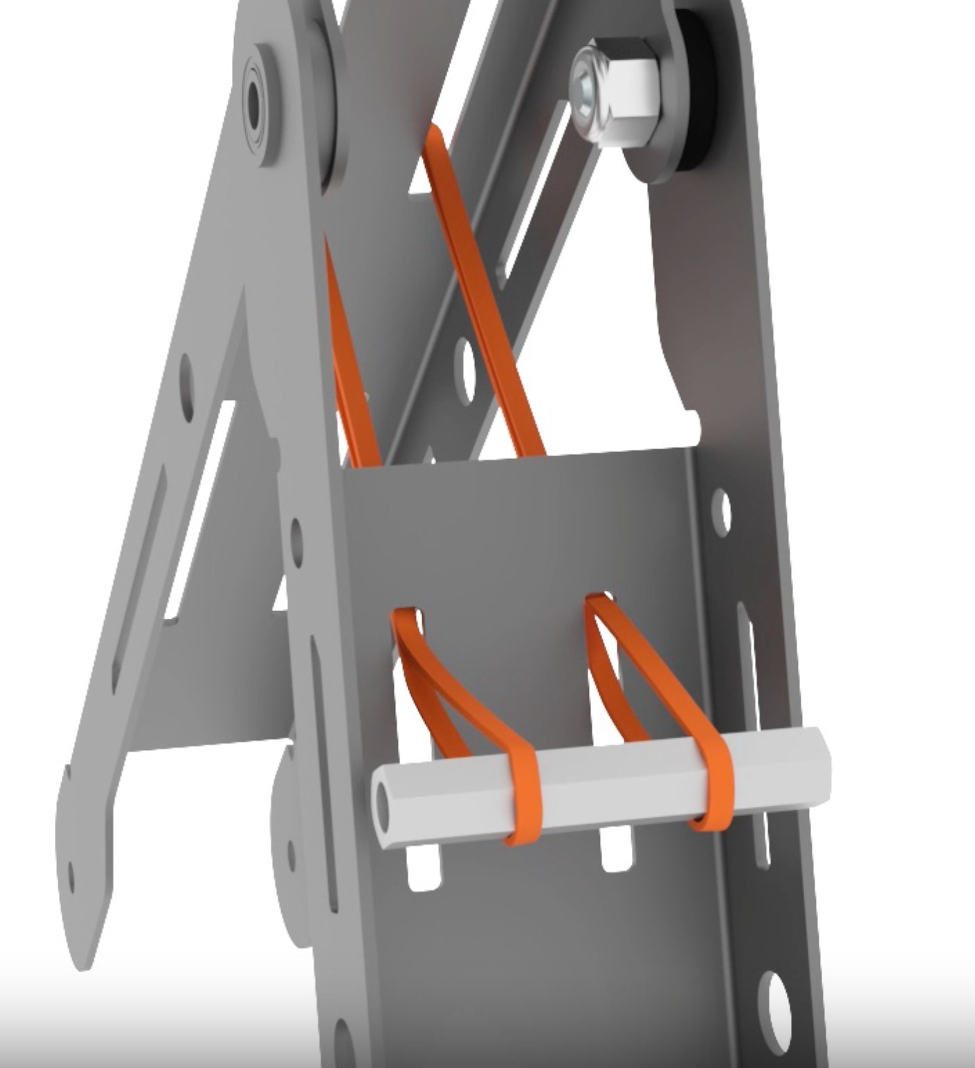 Close-up of Workcell arm showing rubber bands installed between structural components.