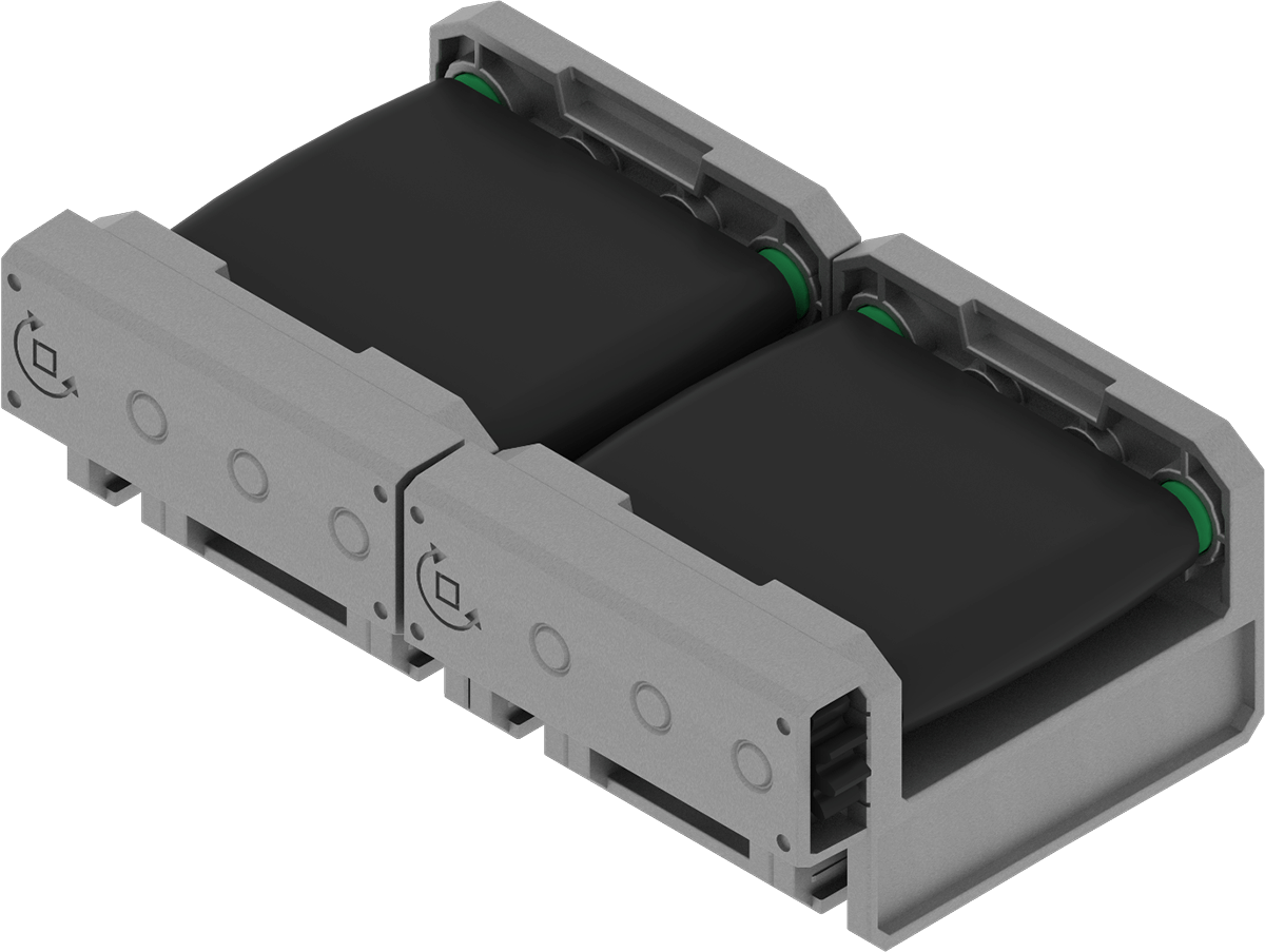 Two pieces of linear conveyor components connected together.