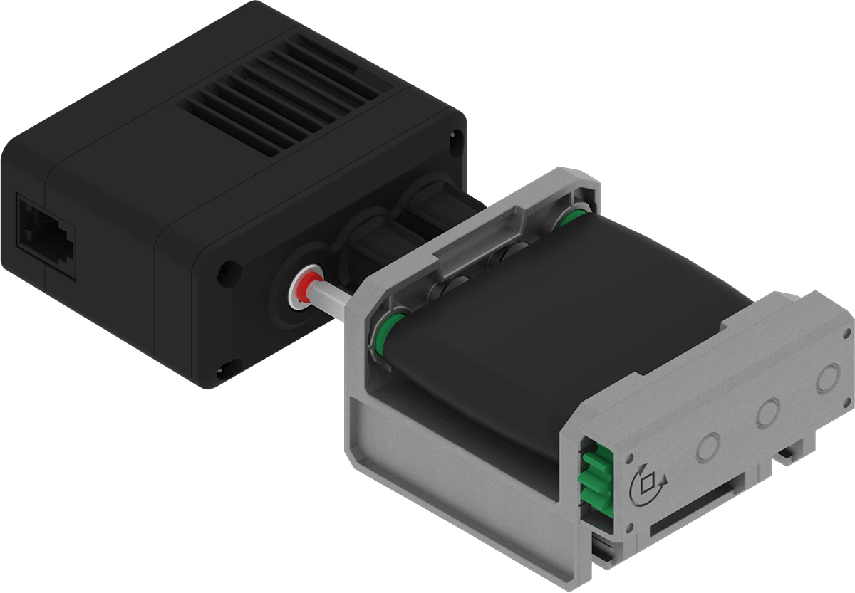 The same linear conveyor component, connected to a motor with a shaft.