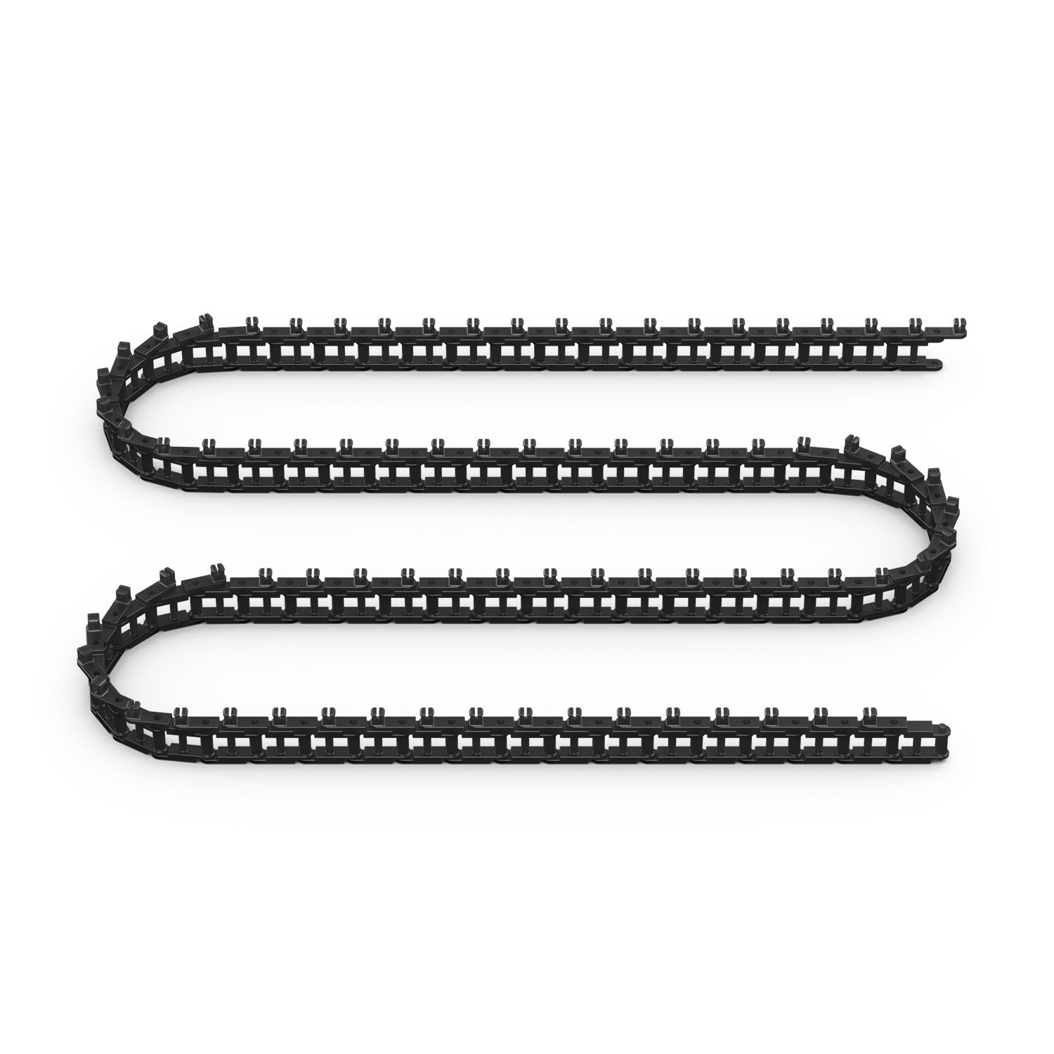 Serpentine conveyor chain pieces connected in a long winding line.