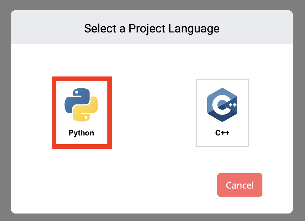 Select a Project Language window with the Python option highlighted.