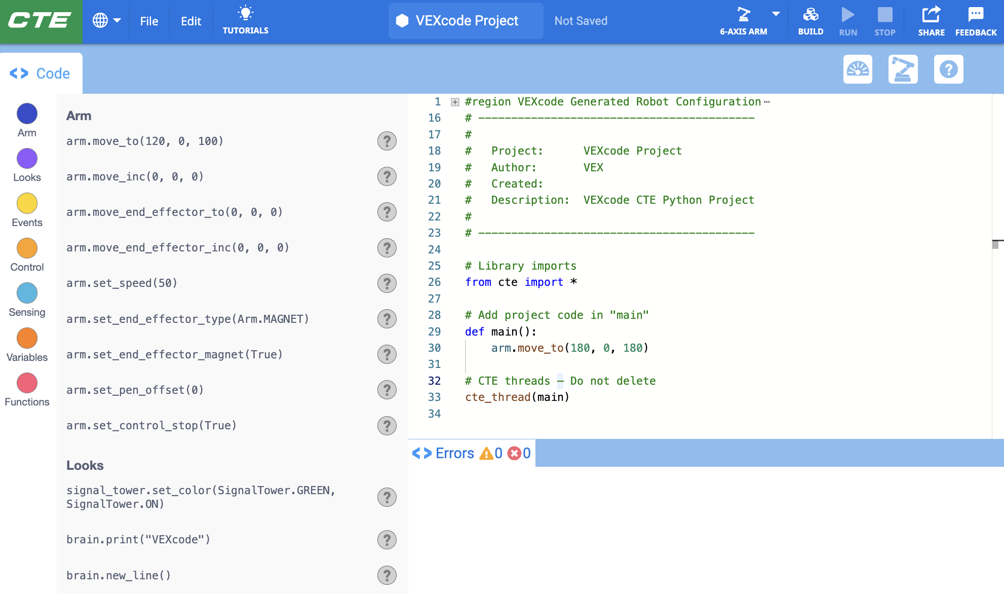 VEXcode CTE Workcell with the default blank Python project opened.