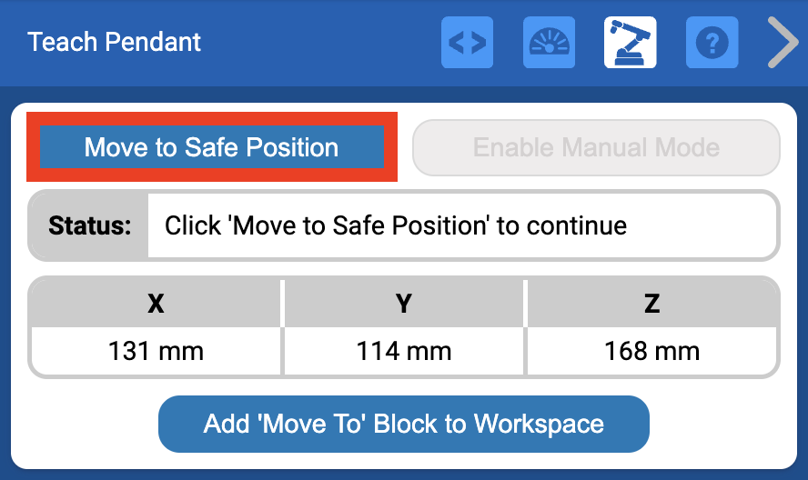 Teach Pendant menu with the Move to Safe Position button highlighted.