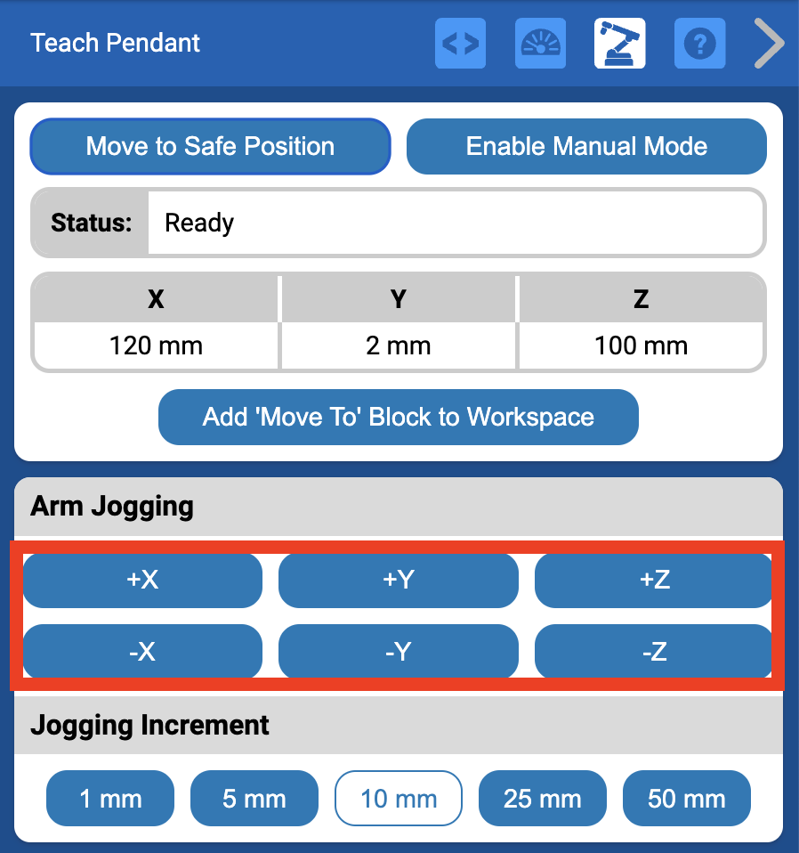 Teach Pendant menu with the 6 Arm Jogging options highlighted. There is one button for both the positive and negative directions of the three axes.