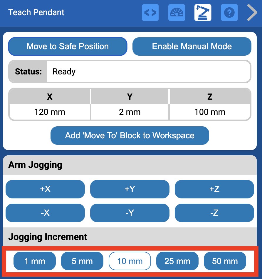 Teach Pendant menu with the Jogging Increment options highlighted that can be used to control the scale of each change.