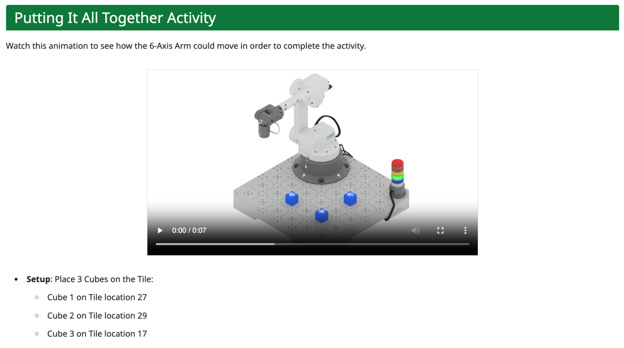 Putting It All Together activity showing robotic arm with cubes on grid and setup instructions for completing a movement challenge.