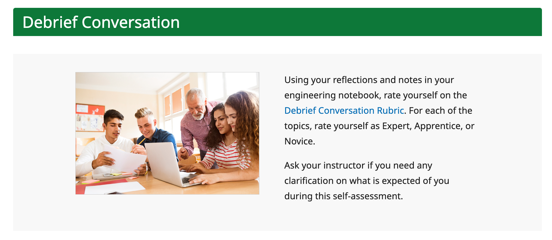 Debrief conversation page showing students collaborating with a teacher and instructions for self-assessment using a rubric.