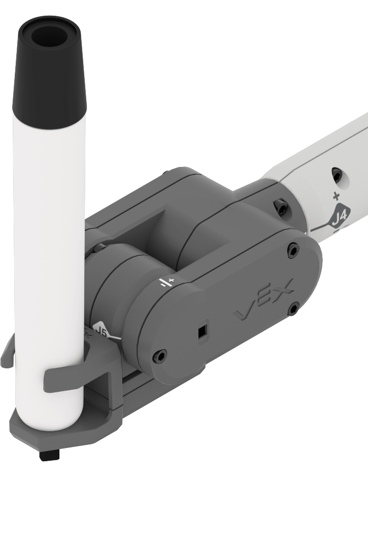Close up of the Pen Holder Tool end effector and Joints 4-6 on the end of the 6-Axis Robotic Arm.