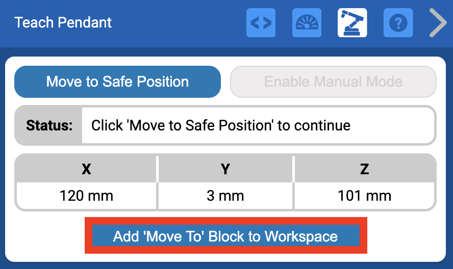 Teach Pendant menu with the Add Move To Block to Workspace button highlighted.