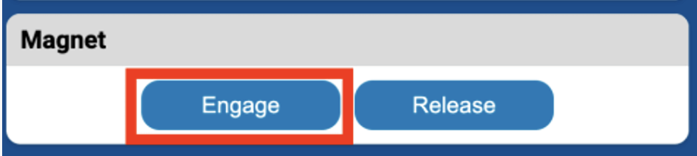 Teach Pendant menu with the Magnet section shown and the Engage button highlighted.