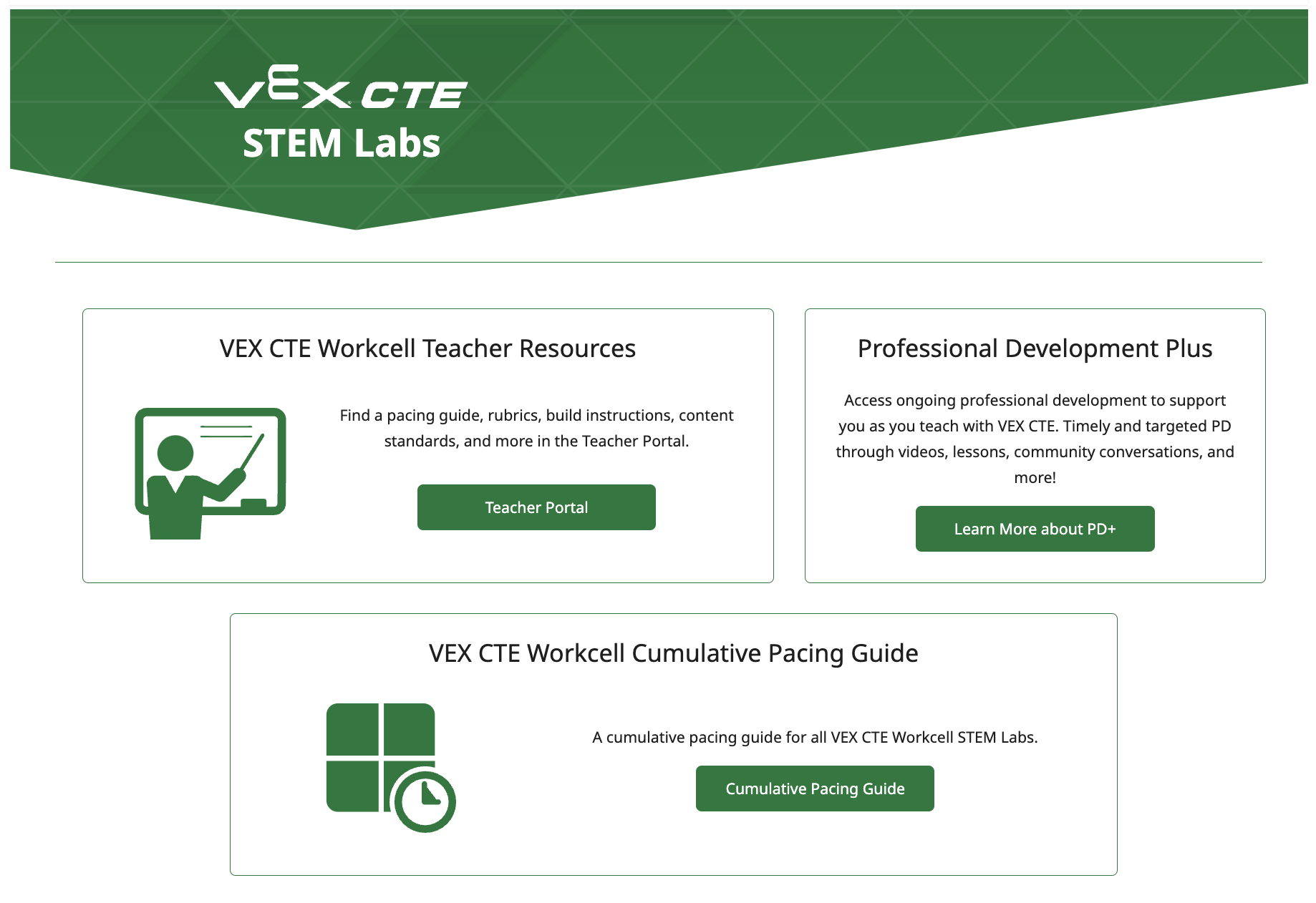 VEX CTE Teacher’s Portal viewed from the STEM Labs page. The Teacher’s Portal provides links to learning resources, PD+ community, and the Cumulative Pacing Guide.