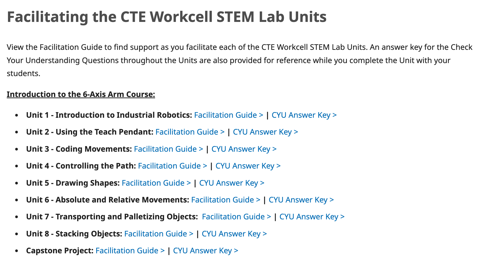 Facilitating the CTE Workcell STEM Lab Units page showing a list of units with links to facilitation guides and answer keys.