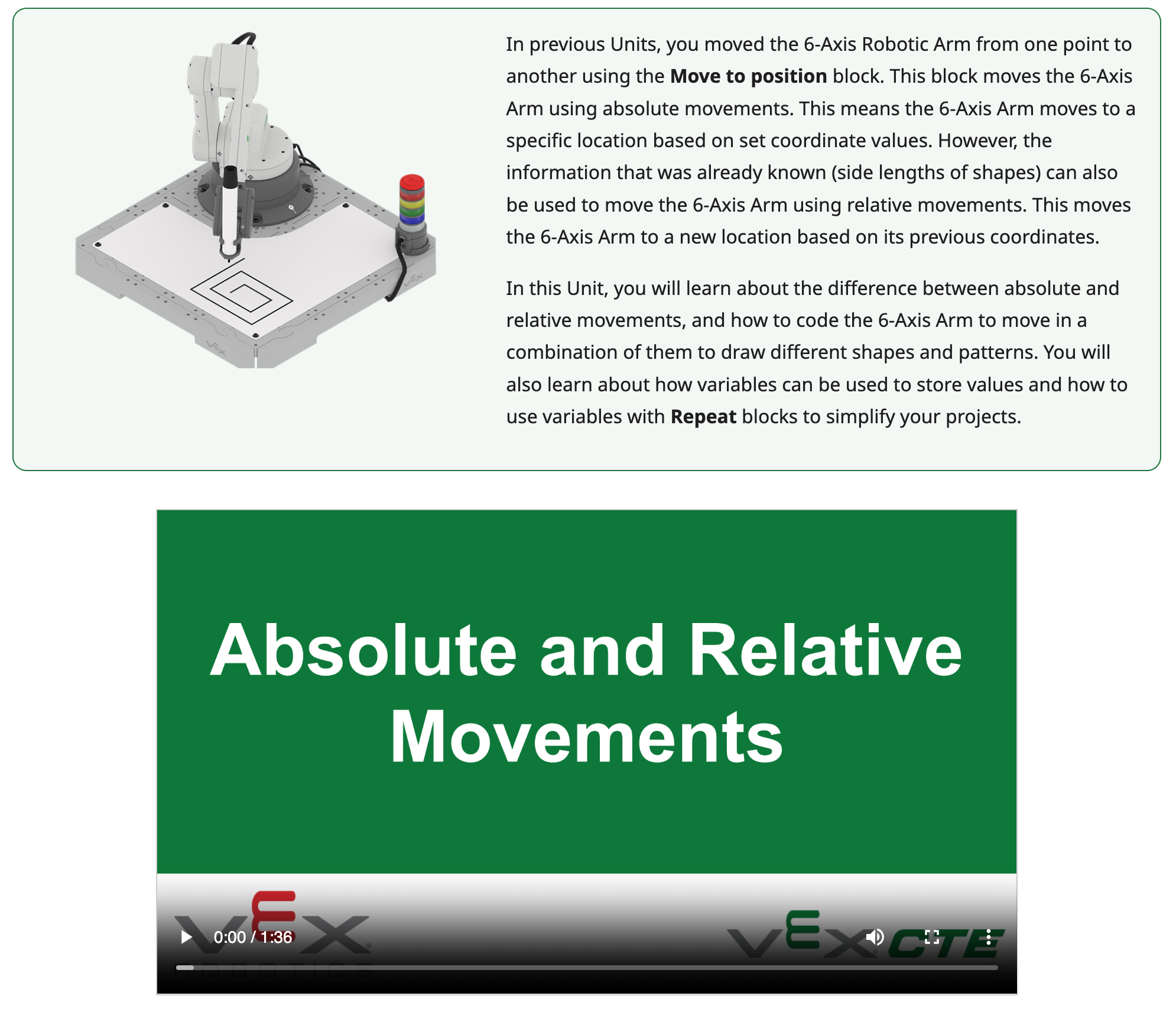Introduction page showing 6-axis robotic arm on a workcell and video titled 'Absolute and Relative Movements'.