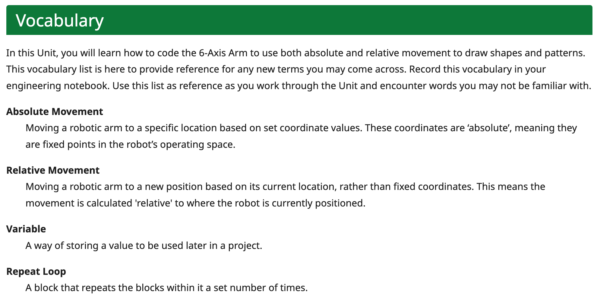 Vocabulary section listing definitions for absolute movement, relative movement, variable, and repeat loop for 6-axis arm coding.
