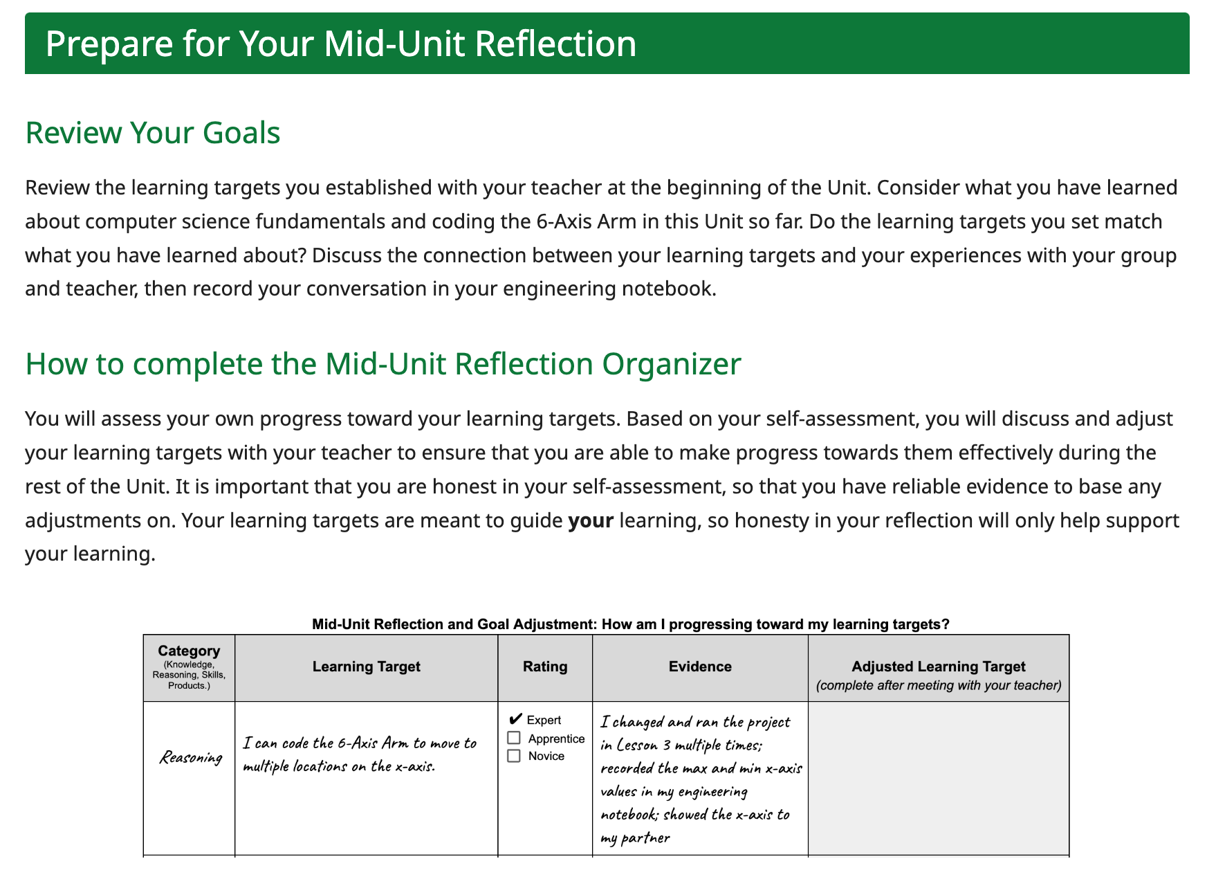 Mid-unit reflection page with table for rating progress on learning targets and recording evidence and adjustments.