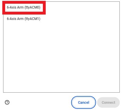 Browser connection window with two options listed, one reads ACM0, and the other reads ACM1. The option reading ACM0 is highlighted.