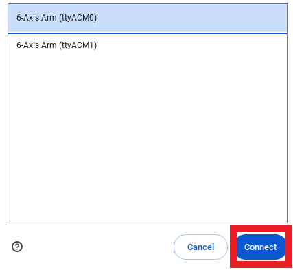 Browser connection window with the ACM0 option selected and the Connect button highlighted below.