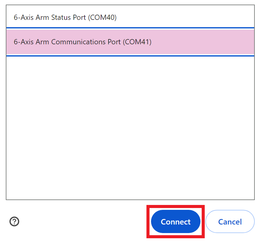 Browser connection window with the COM41 option selected and the Connect button highlighted below.