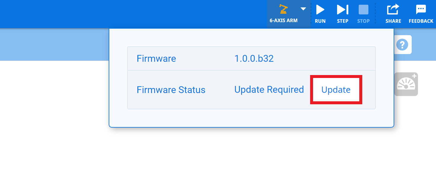 VEXcode EXP with the 6-Axis Arm dropdown menu opened and the Update button highlighted below.