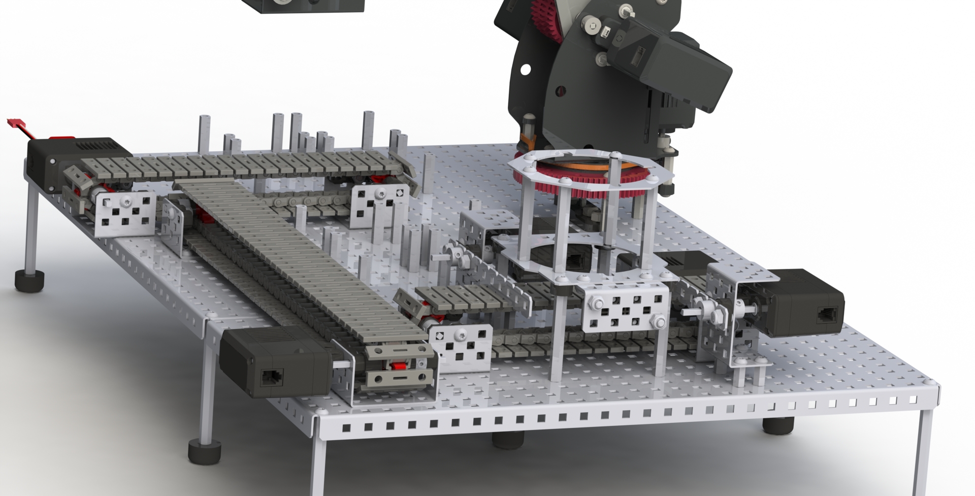 Workcell setup with multiple conveyors arranged to transfer disks between different sections of the system.