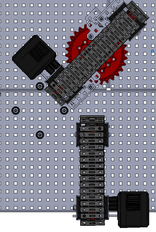 Top-down view of Workcell turning conveyor redirecting disks from one conveyor to another without a diverter.