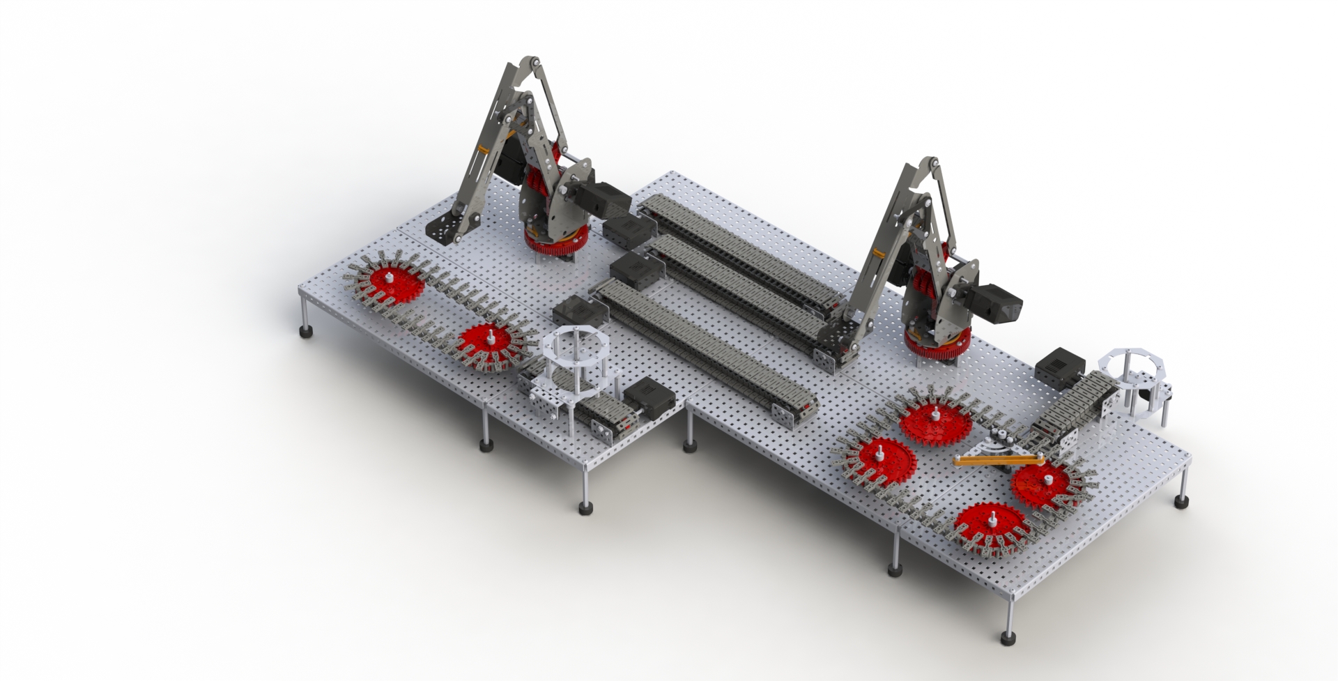 Two connected Workcells with robotic arms and conveyors working together to sort and place disks.