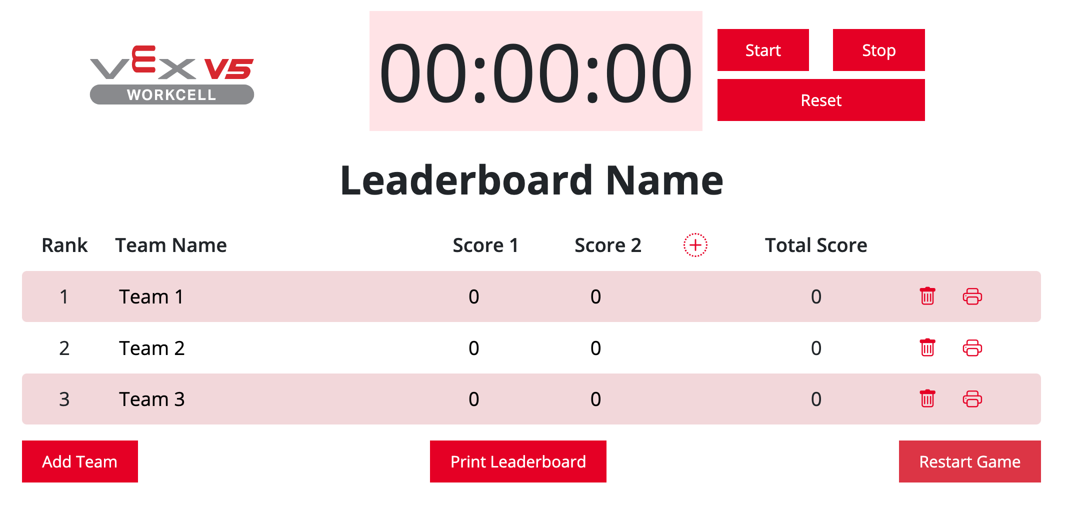 Blank V5 Workcell Leaderboard with features to help faciliate a classroom competition, including a scoreboard, a timer, and controls.